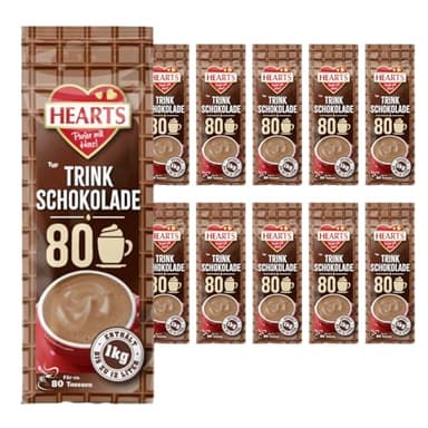 HEARTS Chocolat à boire, 10 x 1 kg, pack avantageux pour boisson, poudre de cacao instantanée, soluble, laiteux, crémeux – suffit pour 800 tasses – Préparation facile