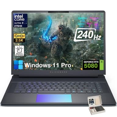 Alienware Ordinateur portable de jeu 16 zones 51, NVIDIA RTX 5080 16 Go GDDR7, Intel Ultra 9 275HX jusqu'à 5,4 GHz, QHD+ 16" 240 Hz, Win11 Pro et licence Office, KB rétroéclairé, lecteur DVD externe