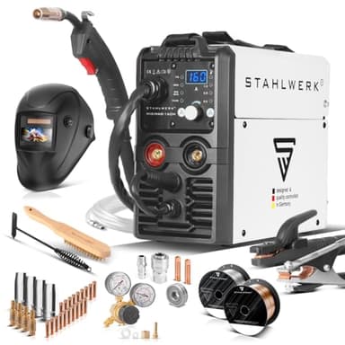 STAHLWERK MIG MAG 160 M Equipement complet Poste de soudage IGBT Appareil combiné 5 en 1 entièrement synergique avec véritable 160 ampères et 2 rouleaux d'entraînement/fil fourré, MIG MAG, ARC MMA