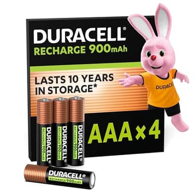 Duracell Rechargeables Piles AAA (lot de 4), 900 mAh, NiMH, pré-chargées, Longue durée, un packaging recyclable 0% plastique