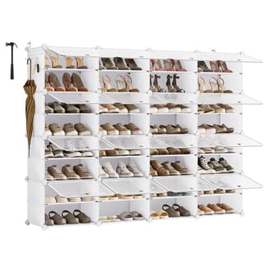 SONGMICS Étagère à Chaussures, Modulable, Rangement pour Chaussures, pour Vestiaire, Entrée, 16 Compartiments, pour 64 Paires, Blanc Nuage et Transparent LPC045WH01