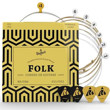 BELFORT® Cordes ☆ VAINQUEUR DE TEST 2019* ☆ Pour guitare folk & acoustique ☆ BONUS : Ebook gratuit + 3 plectres ☆ en Phosphor Bronze (lot de 6)