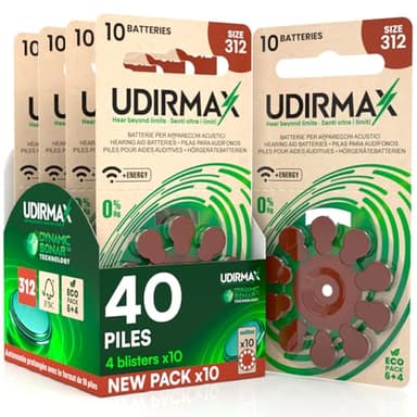 40 Piles Auditives Taille 312 Udirmax PR41 Marron Zinc-Air Eco Pack - 4 Blisters Écologiques de 10 Piles