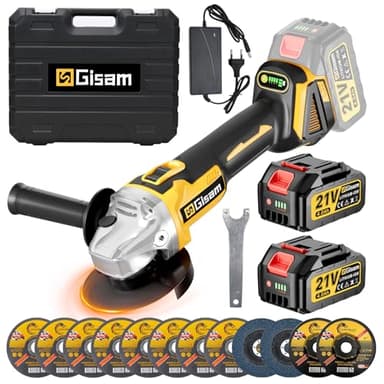 Gisam Meuleuse d’angle sans fil - 2 batteries de 4000 mAh, Moteur Brushless, Boîte à 4 vitesses, Meuleuse d'angle Électrique Sans Balais de 125 mm avec 12 Accessoires pour Découper Polir et Poncer