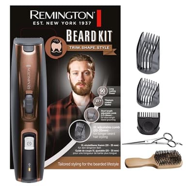 Remington Kit tondeuse barbe (incl. brosse XL + ciseaux) Beard Kit (3 sabots ajustables 0,5-35 mm, lames en titanium auto-affûtées, tondeuse de précision rétractable, sans fil 90min) tondeuse MB4046