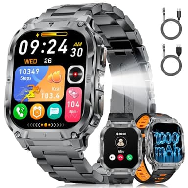 Militaire Montre Connectée Homme, Appel Bluetooth, 2.0" HD Grand Écran Smartwatch avec Torche LED/Batterie 1000mAh/Fitness Tracker/100+ Modes Sportifs, 2 Câbles de Chargement, Android iOS, Noir-orange
