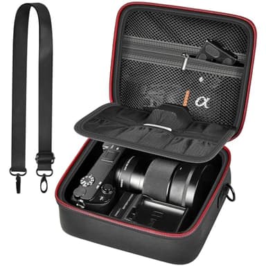 casmilee Étui pour appareil photo numérique sans miroir Sony Alpha ZV-E10 Alpha a6400/ a6700/ a6100/ a6000/ a6600/ a6500 - Sac de voyage rigide avec bandoulière pour objectif et accessoires (noir
