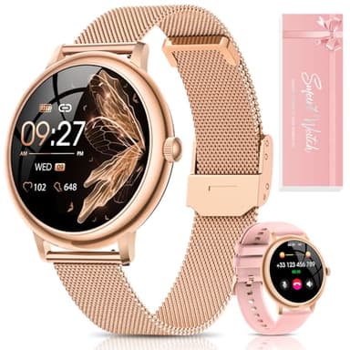 RUXINGX Montre Connectée Femme, Petite Ronde Écran Tactile AMOLED 1,19" avec Appel, Fonction Féminine Sommeil Fréquence Cardiaque SpO2 120+ Modes Sport Podometre IP68 Calories, Android iOS Or Cadeau