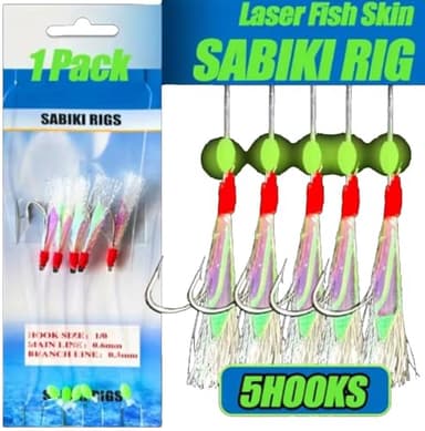 Mitraillette TSURI Sabiki avec Plume Brillante 5 cm – Leurre de Pêche en Mer pour Maquereaux, Bars, Lieus et Orphies Taille hameçons : 1/0