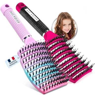 O³ Brosse Poil de Sanglier- 2 Brosses à Cheveux en Poils de sanglier- Démélant Cheveux 100% Naturel (Rose/Arc-en-Ciel)