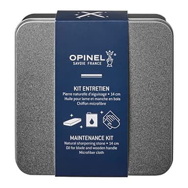 Opinel - Kit d’Entretien pour Couteaux - 1 Boîte de Rangement, 1 Grande Pierre d’Affûtage, 1 Bidon d’Huile, 1 Chiffon Microfibre 20 x 20 cm - Garantie à Vie