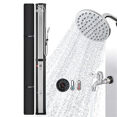 AREBOS Douche Solaire 60 L | avec douchette & thermomètre | Température de l'eau jusqu'à 60°C Douche Piscine Camping | Pommeau de Douche Rond | Technologie Snap-in | Couverture Incluse | Noir-argenté