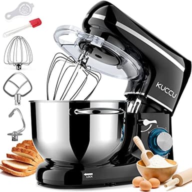 KUCCU Robot Pâtissier, 1500W Robot Patissier, 7L double poignées Robot Pétrin Professionne, 6 Vitesses + P avec Crochet, Batteur, Fouet, Protection contre les éclaboussures, Spatule, Séparateur - Noir
