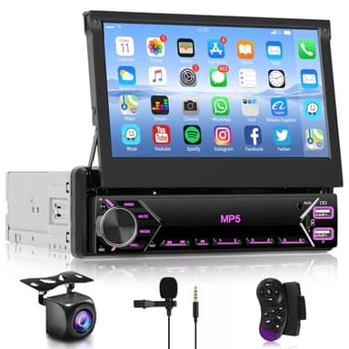1 Din Ecran Rétractable Autoradio, Hodozzy Écran Tactile IPS de 7 Pouces Poste Radio Voiture 1 Din Bluetooth Lien Miroir, Autoradio avec Radio FM, Type-C USB AUX U-Disk, Contrôle du Volant et Caméra