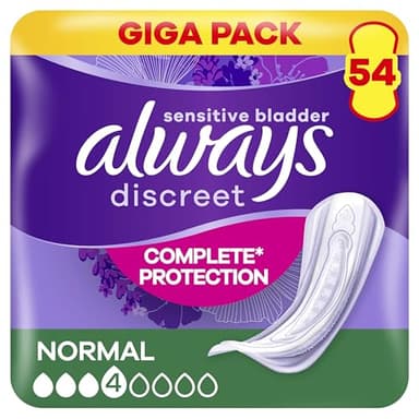 Always Discreet Serviettes Pour Fuites Urinaires Femmes Normal, Protection Intégrale, Discrétion, 54 Serviettes