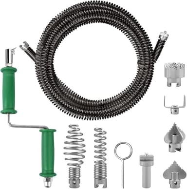 Furet Deboucheur, 5m Deboucheur Canalisation Diamètre 12mm, Furet Plomberie avec Adaptateurs Manuels et 6 Têtes de Couteau à Outils, Convient aux Eviers de Cuisine et Aux Tuyaux de Salle de Bain