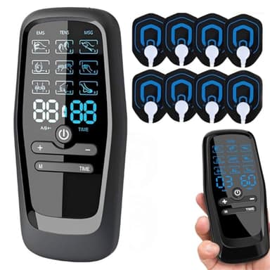 3 EN 1 TENS EMS Électrostimulateur Musculaire pour le soulagement de la douleur, la stimulation musculaire, avec 30 Intensités et 27 Modes, 2 Canaux Indépendant & 8 électrodes
