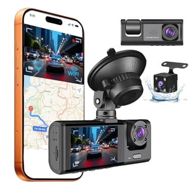 Camera Embarquée Full 4K HD Dashcam Voiture Avant Arrière,3 Canaux Camera de Bord,Camera Voiture Enregistreur Jour et Nuit connectivité WiFi,Vision Nocturne,G-Capteur,WDR,Enregistrement en Boucle