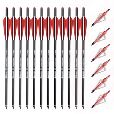 12 pièces Flèches d'arbalète de 20 pouces, flèche de chasse à l'arbalète avec ailes de 3,8 "et pointes de flèche remplacées, Flèches d'arbalète en Carbone et kit de têtes larges d'arbalète de 6 pièces