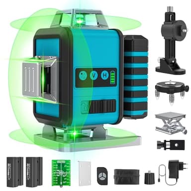 Niveau Laser 4 x 360°, 4D 16 Ligne Laser Chantier, Lazer Niveaux 16 Lignes Croisé 30M Mode Impulsion Extérieur, Verte Horizontal et Verticale avec Télécommande