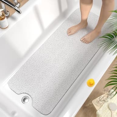 HITSLAM Tapis de Baignoire Antidérapant 100x40cm, Extra Long Tapis de Douche Antiderapant, Loofah en PVC Souple Tapis Antidérapant Baignoire, Séchage Rapide Tapis de Bain, sans Ventouse, Blanc