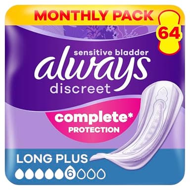 Always Discreet, 64 Serviettes Hygiéniques Incontinence Femme, Long plus 6 Gouttes, Protection Absorbante pour Fuites Urinaires Importantes, Pack 1 Mois
