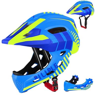 Casques de Vélo Enfants, Casque Intégral avec Mentonnière Détachable, 52-56 cm Casque pour Garçon Fille, Casque de Sécurité Sportive pour Vélo Skateboarding Roller Skating roulettes (Bleu Jaune)