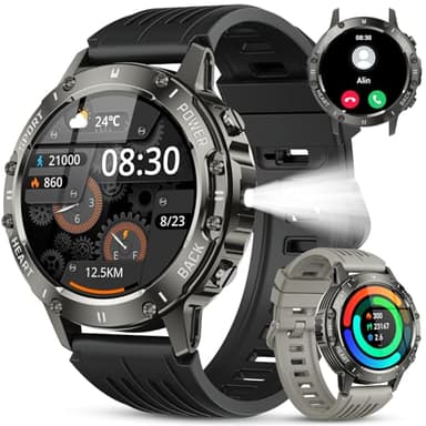 Montre Connectée Homme Smartwatch: 120+ Modes Sport Militaire Fitness Smart Watch avec Appel Bluetooth Fréquence Cardiaque Spo2 Sommeil Moniteur Etanche Montre Intelligente Podomètre pour Android iOS