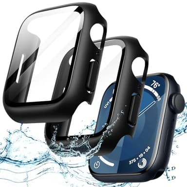 JETech Coque Étanche avec Protection D'écran pour Apple Watch Series 9 8 7 45mm, Film en Verre Trempé Intégré, Étui Housse de Protecteur Complète en PC Dur, Lot de 2 (Noir)