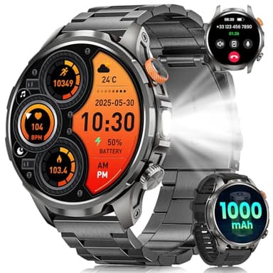 Montre Connectée Homme Militaire avec 1000mAh/LED Lampe, 1,91" AMOLED Smartwatch Homme avec Appel Bluetooth, 5ATM Étanche 110+ Modes Sportifs/Fréquence Cardiaque/SpO2/Suivi du Sommeil Android iOS Noir