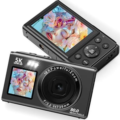 Appareil Photo Numérique Longyi 5K 80MP pour Vlogging, avec 32 Carte SD, Wi-FI, Zoom Numérique 18X, Écran Selfie 1,5" Compact Digital Camera Idéal pour Enfants, Débutants - Cadeau Parfait (Schwarz)