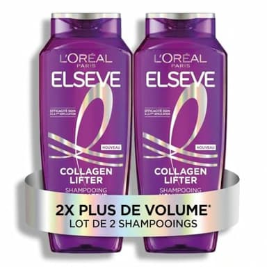 L'Oréal Paris - Shampooing Volumateur - Cheveux Fins & Plats - 2x Plus de Volume 72H - Enrichi en Peptides de Collagène - Sans Silicones - Elseve Collagen Lifter - 2 x 250 ml