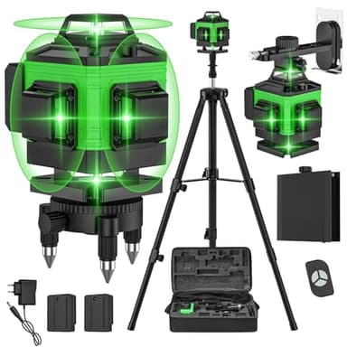 Niveau Laser 4 x 360° Autonivelant, Lazer Niveaux 4D 16 Lignes Laser avce 2 x 2400mAh Batterie, Trépied Réglable, Base Rotative, Télécommande & Mallette,IP54 Étanche et Anti-Poussière (Vert)