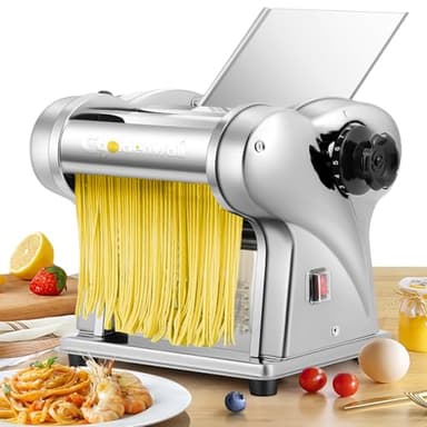 CGOLDENWALL Fraiche Machine à Pâtes Électrique Acier Inoxydable Pétrin avec 2 Lames de 1.5 mm Rondes et 4 mm Plates, 6 Réglages 'Épaisseur pour Nouilles/Boulettes/Spaghettis/Ravioli