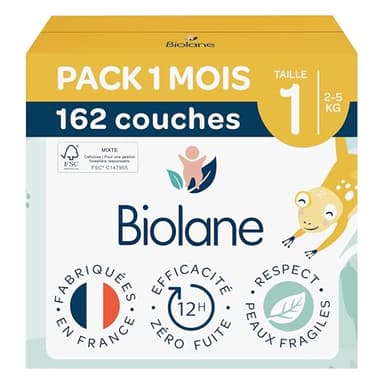BIOLANE - Couches bébé taille 1 - (2-5 kg) - Peaux Sensibles - Ultra-Absorbant, Pas de Fuite, jusqu'à 12h au Sec - Confort & Protection - Pack 1 mois 162 couches - Fabriqué en France