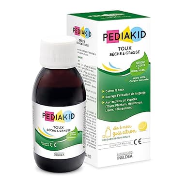 PEDIAKID - Toux Sèche & Grasse - Formule exclusive au sirop d'Agave - Calme la toux - Soulage l'irritation de la gorge - Thym, Plantain, Lierre, Hélichryse - Arôme naturel Citron - Flacon 125 ml