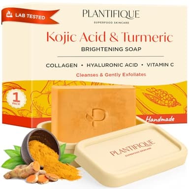 PLANTIFIQUE Turmeric & Kojic Acid Soap | Savon Visage Corps Curcuma avec Étui Voyage Silicone | Skincare Coréenne Anti Tache Antiseptique Femme Homme | Savon Éclaircissant Peau Noir Efficace 1 Barre