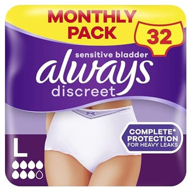 Always Discreet, 32 Culottes Incontinence Femme, Plus 6 Gouttes, Sous-Vêtements Taille L, Blanc, Protection Très Absorbante pour Fuites Urinaires Importantes ou post accouchement, Pack 1 Mois