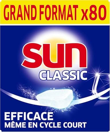 SUN - Pastilles Lave-Vaisselle Classic Regular - 80 tablettes - Efficace pendant les cycles courts - Brillance étincelante - Fabriqué en France