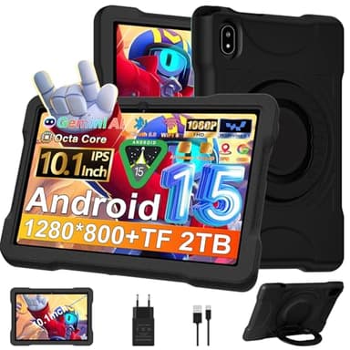 Android 15 Tablette 10 Pouces avec 30Go RAM+TF 2To,Octa-Core/GMS,Gemini AI/Widevine L1,WiFi 6/Bluetooth 5.0,5MP+8MP/FHD IPS,Contrôle Parental Tablette Éducative avec EVA Cas+360° Rotatif Support-Noir