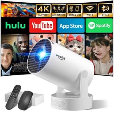 [Apps intégrées & 2026 Upgraded] Vidéoprojecteur avec WiFi 6 et Bluetooth 5.4 Mini Projecteur Supporte 4K 1080P Auto Keystone Rotation 180° Compatibile avec HDMI/TV Stick/Memory Stick/Laptop, Blanc