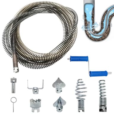 Deboucheur Canalisation Professionnel 5m x12mm, Deboucheur Evier avec Manivelle, 8 Pièces Dragage Nettoyeur Adaptateurs éLectriques, Pratique et Efficace Deboucheur pour WC Evier Canalisation