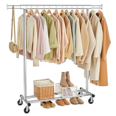 SONGMICS Portant à Vêtements avec Roulettes, Tringle Extensible pour Charge Lourde, Porte-manteau, Capacité de Charge 100 kg, 45 x (92-132) x 161,5 cm, Montage Facile, Argent HSR13S