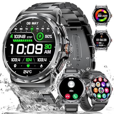 LIGE Montre Connectée Homme Militaire (3 Bracelets), 1,43" HD AMOLED Montre Sport, Smartwatch Noire avec 120+ Modes Sportifs/Étanchéité IP68/Fréquence Cardiaque/Compteur de Pas pour iOS et Android