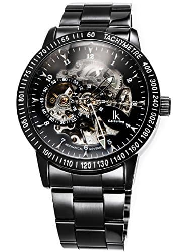 Alienwork IK Montre Automatique Homme Femme Noir Bracelet en Métal Acier Squelette