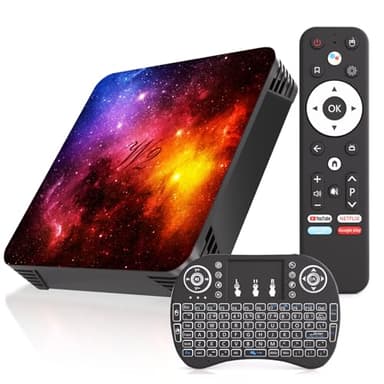 Boîtier TV Android 14 4 Go de RAM, 64 Go de ROM 3D 4K UHD Boîtier TV Intelligent quadricœur Prend en Charge Le WiFi Double Bande 2,4 G/5 G Bluetooth 4.2 HDMI USB 2.0 Comprend Un Mini-Clavier sans Fil