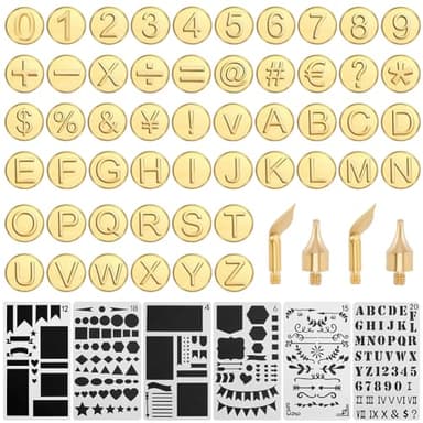 GORGECRAFT 56 Embout de Pyrogravure en Bois Doré avec Lettres et Chiffres Tête en Laiton Kit D'Embouts pour Tampons à Chaud Alphabet Chiffres Symboles Tête de Pyrogravure avec Pochoir de Peinture