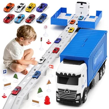 Transport Truck - Voiture Jouet pour garçons âgés de 3, 4, 5, 6 Ans - Portable - avec 8 Voitures de Course - Véhicule de Transport - Jouet pour Enfants (Bleu)