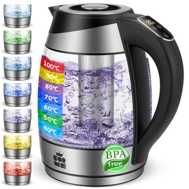 FOR ME Bouilloire Électrique en Verre 1.8L, Contrôle de la Température, Température Réglable à Partir de 40°C à 100°C, Éclairage LED 7 Couleurs, Fonction de Maintien au Chaud, Sans BPA