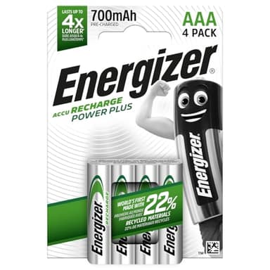 Energizer Recharge Power Plus - Piles Rechargeables AAA (Lot de 4) - 700 mAh NiMH - pré-chargées - Puissance Longue durée - 1000 Cycles - Emballage 100% Recyclable et sans Plastique
